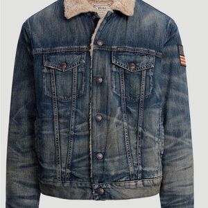 Polo Ralph Lauren Sherpa Fleece Lined FLAG PATCH Denim Trucker Jean Jacket XL